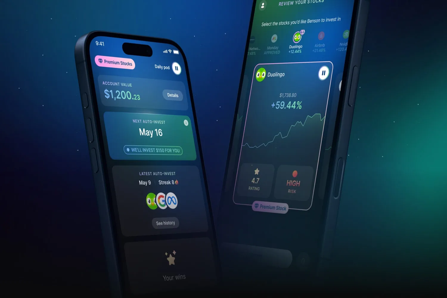 Two screens from the Benson app, built by 350life