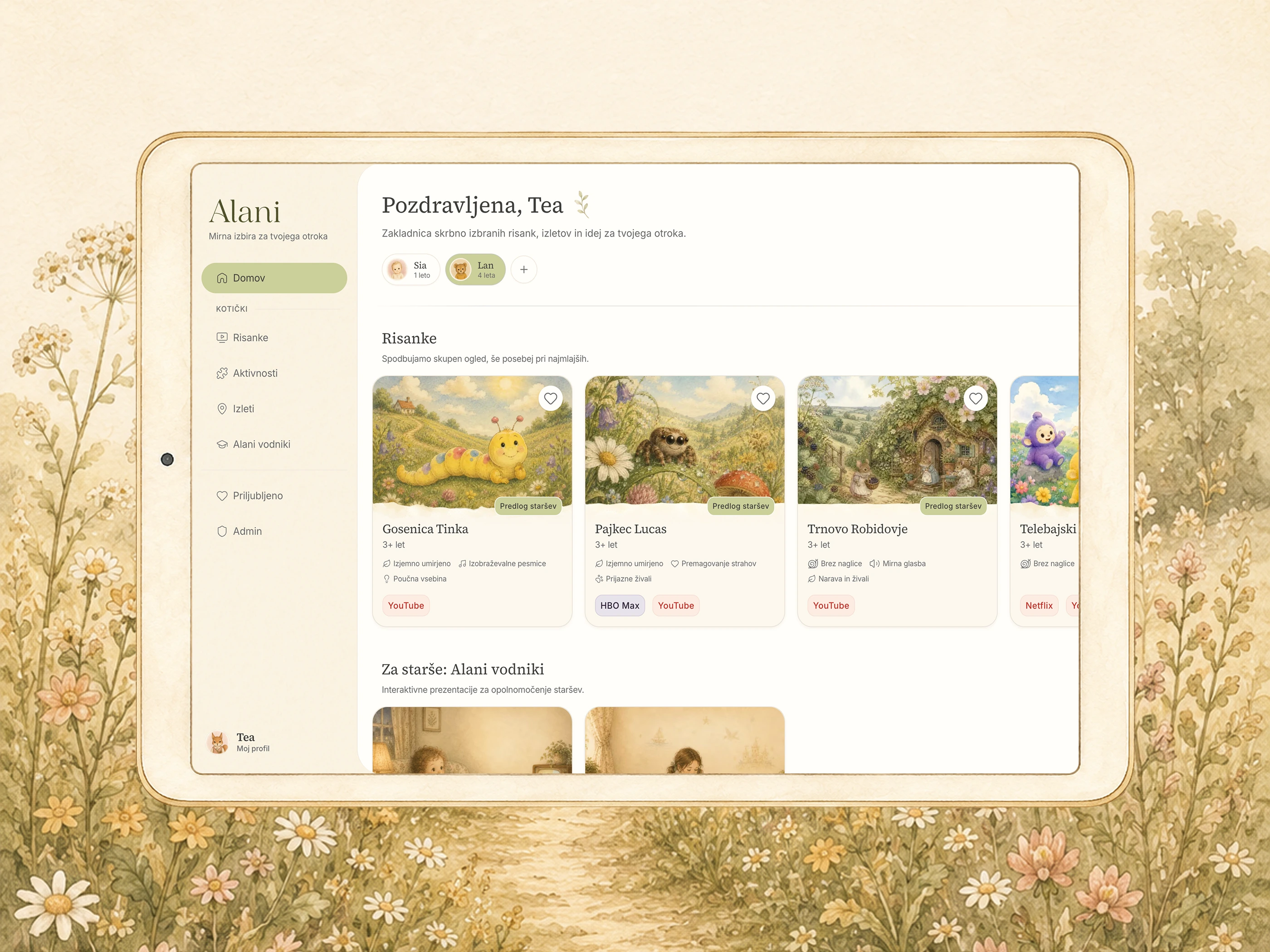 The Alani home screen on a tablet, with a sidebar of sections, two child profiles, and a row of cartoon cards each carrying an age and its calm-viewing tags