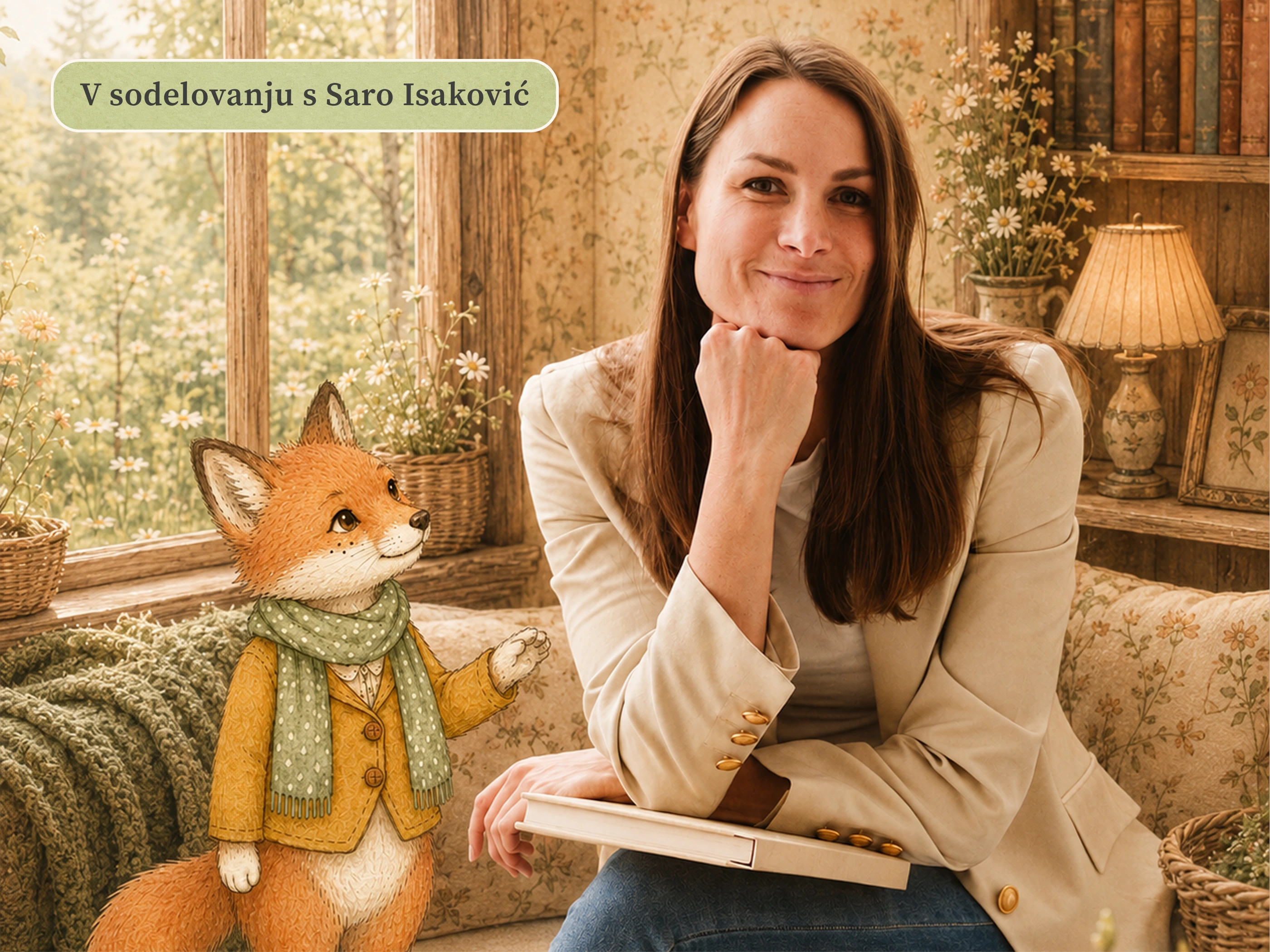 A woman sitting in an illustrated reading room beside Alani's fox character, under a label reading in collaboration with Sara Isakovic