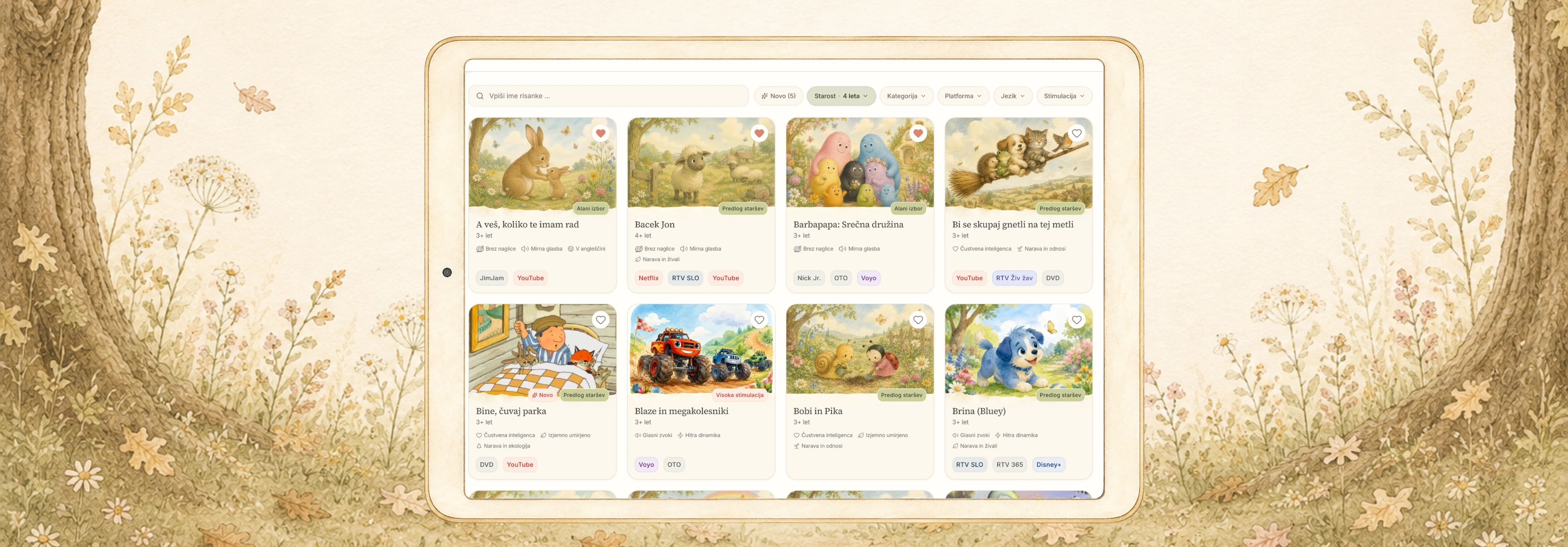 The Alani catalogue on a tablet against an illustrated meadow, showing cartoon cards with an age, stimulation tags and the streaming platforms each one is on