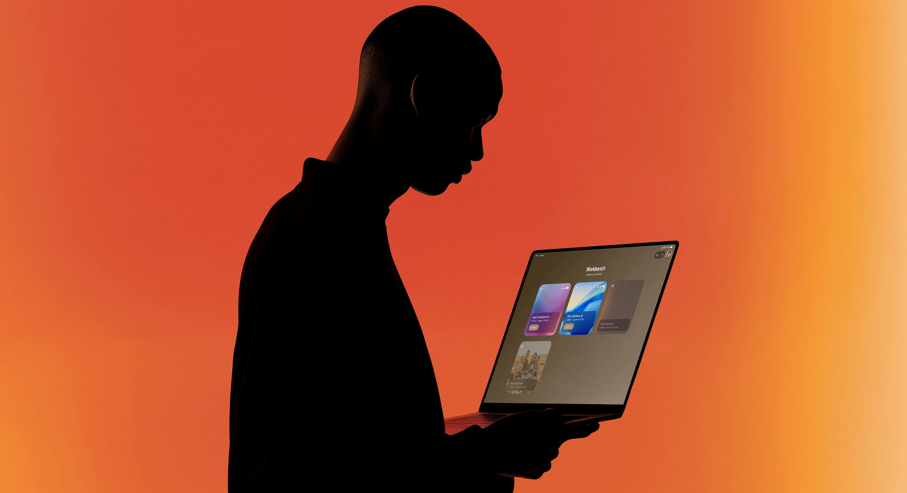 A person in silhouette holding a MacBook that shows the Astropad Workbench device list, product design by 350life