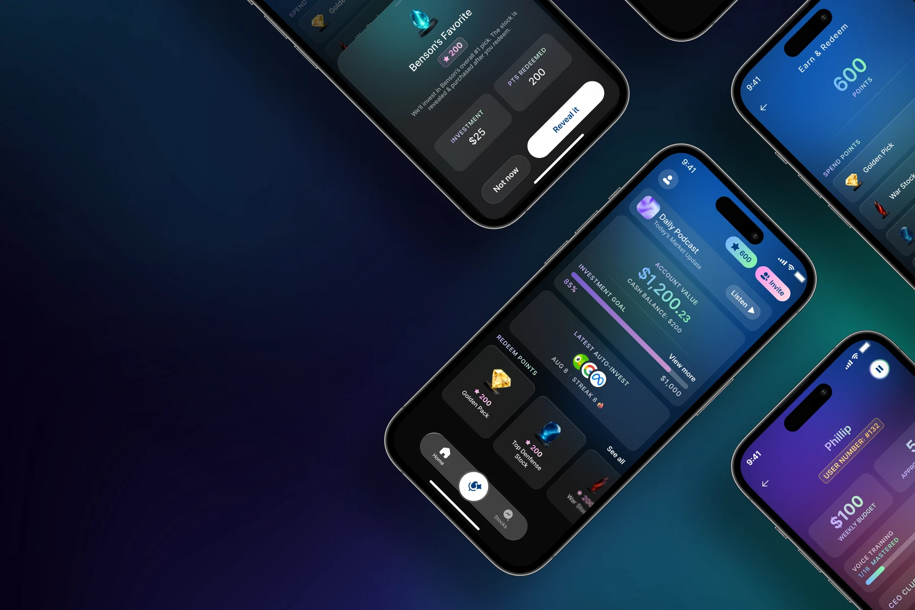 Benson app screens, showing a portfolio, a rewards balance and a stock pick