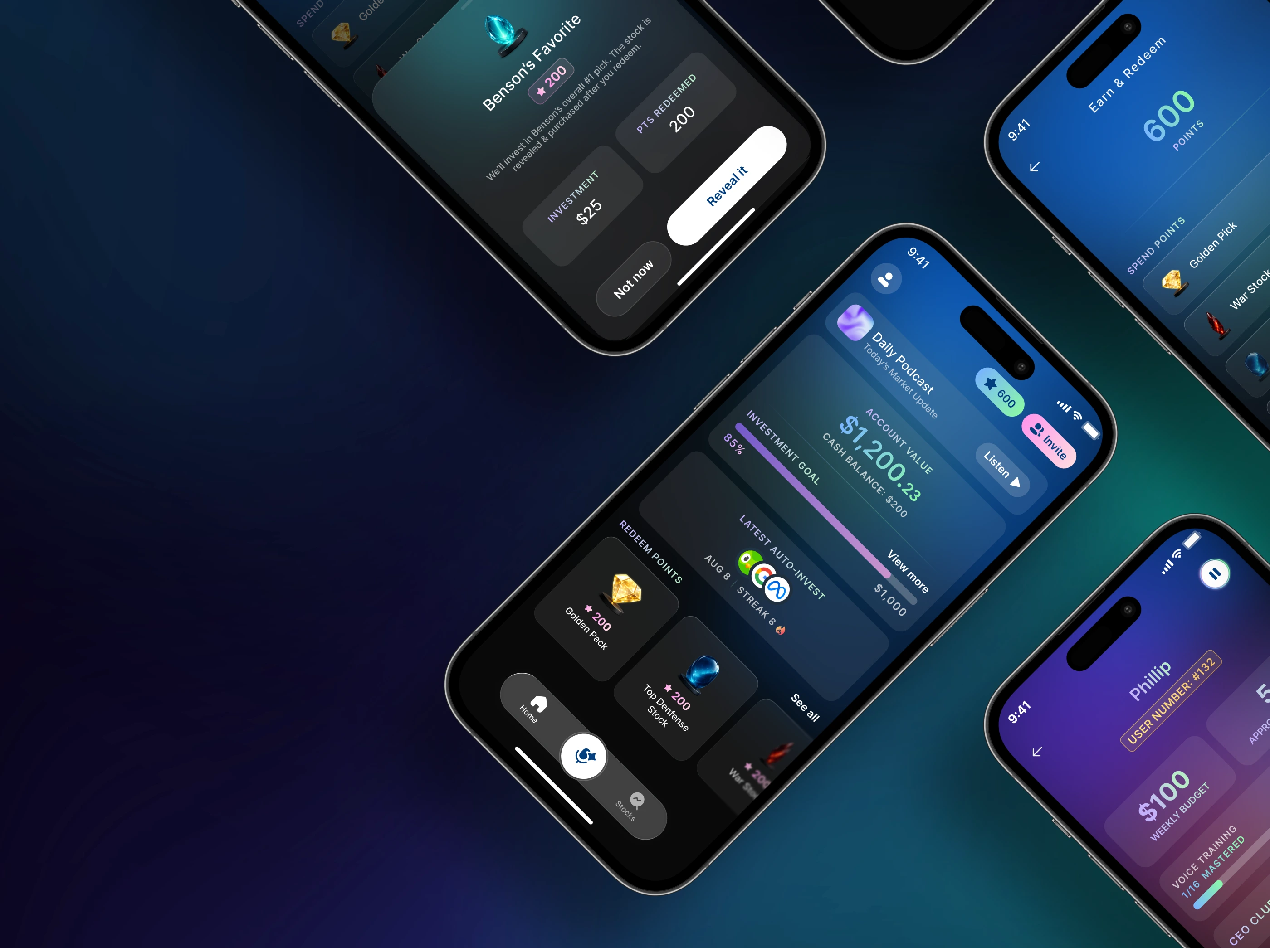 Four iPhones at an angle, showing the Benson home screen, a rewards card, a points balance and a referral screen