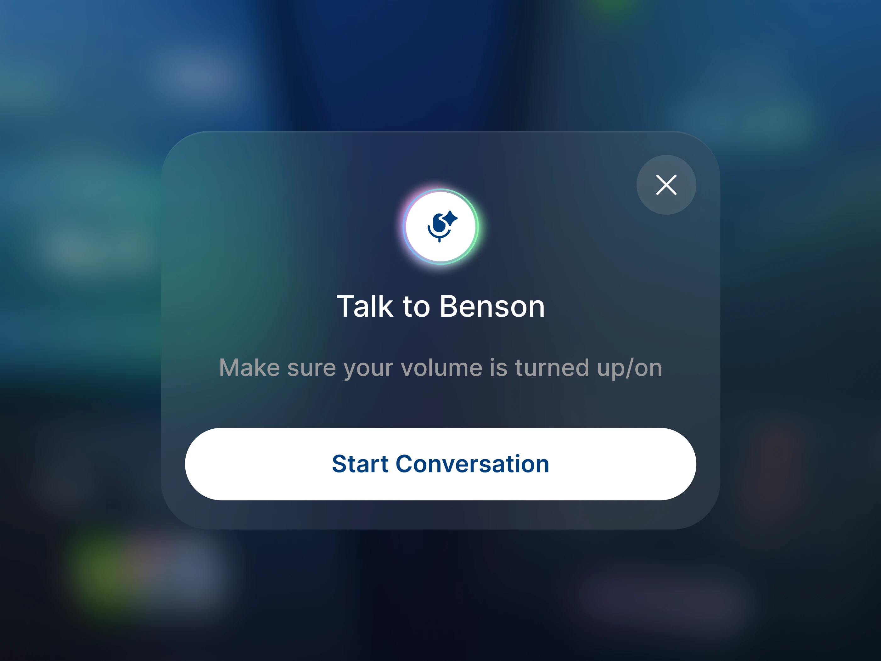 The Talk to Benson voice dialog, over a blurred app screen