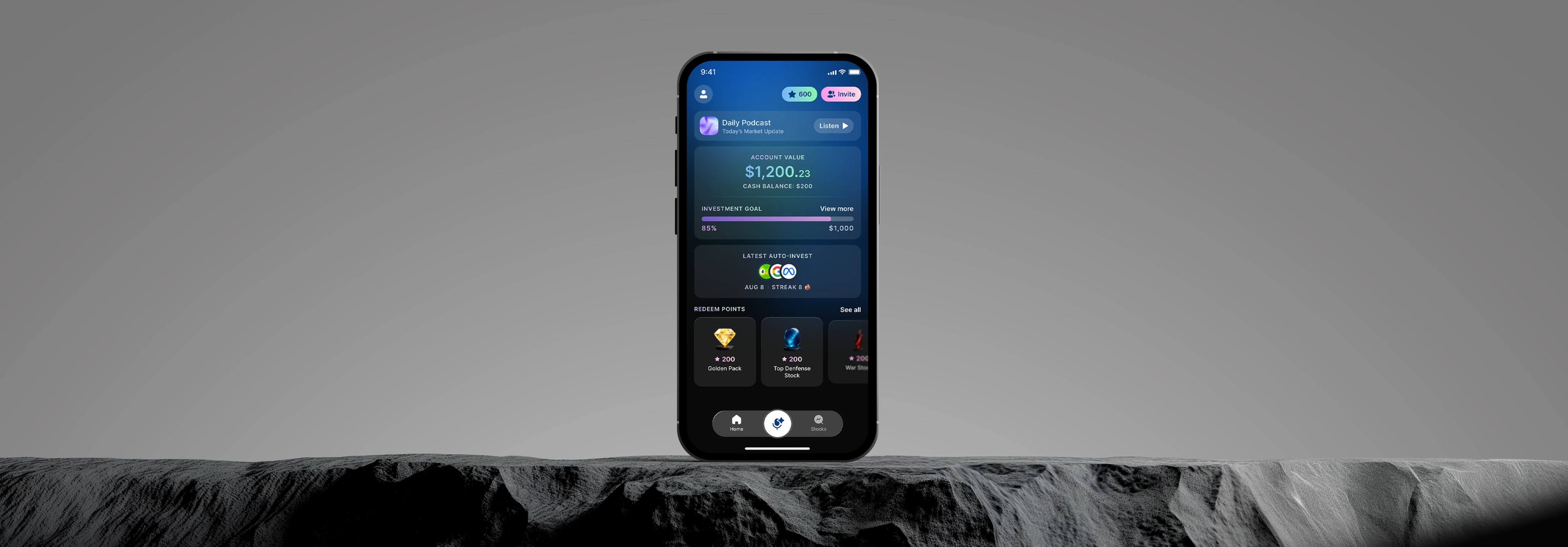 The Benson home screen on an iPhone standing on a dark rocky ledge