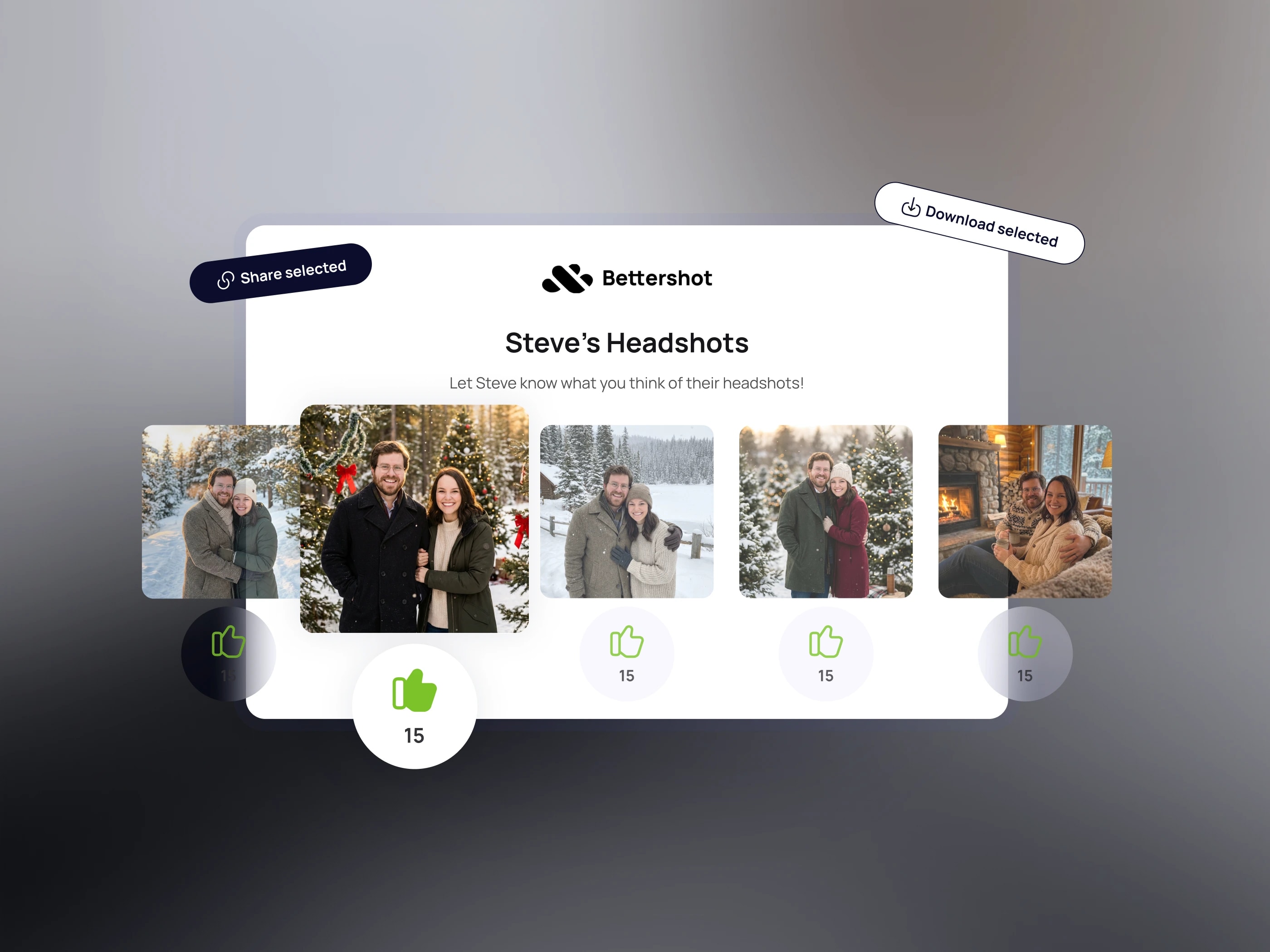 A Bettershot gallery of generated winter photographs, each with a thumbs-up count, above share and download controls