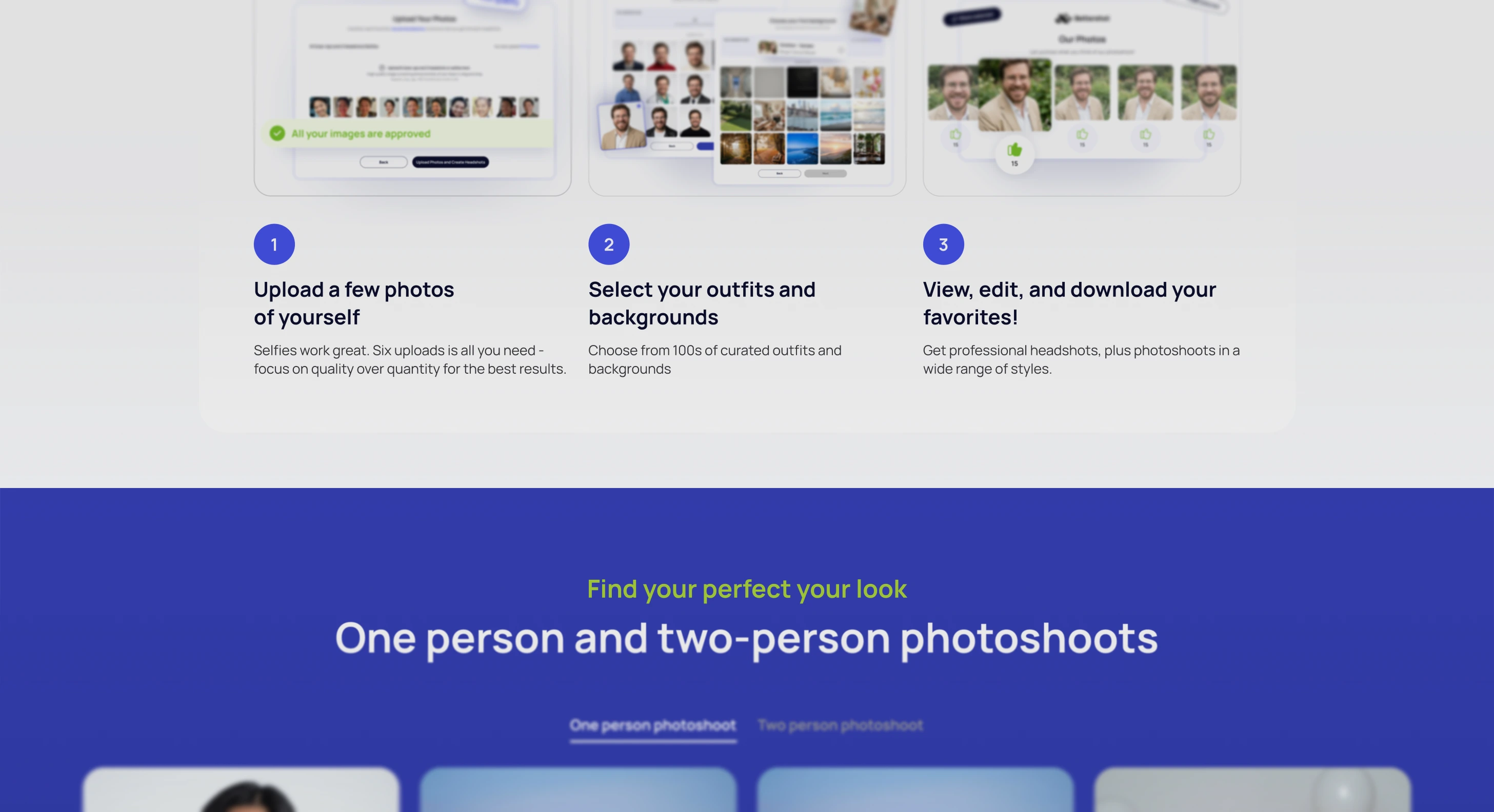 The Bettershot website's three-step explainer: upload a few photos, select outfits and backgrounds, then view, edit and download