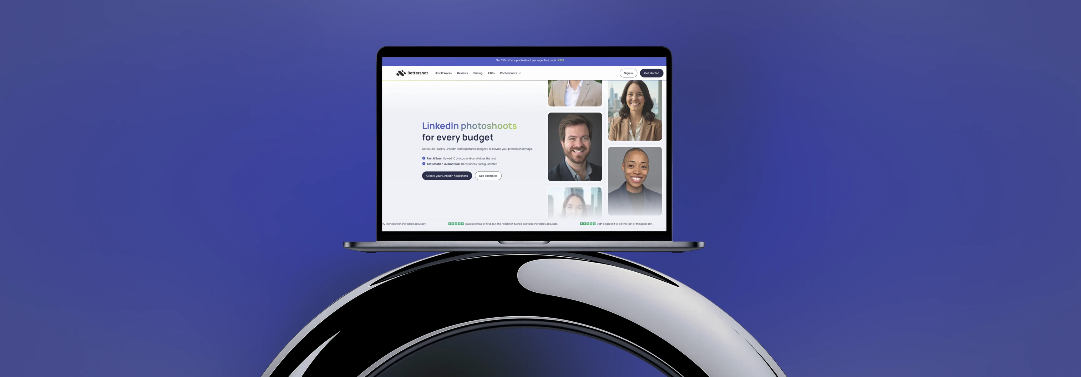 The Bettershot website on a laptop, showing the LinkedIn photoshoots headline beside a grid of generated headshots