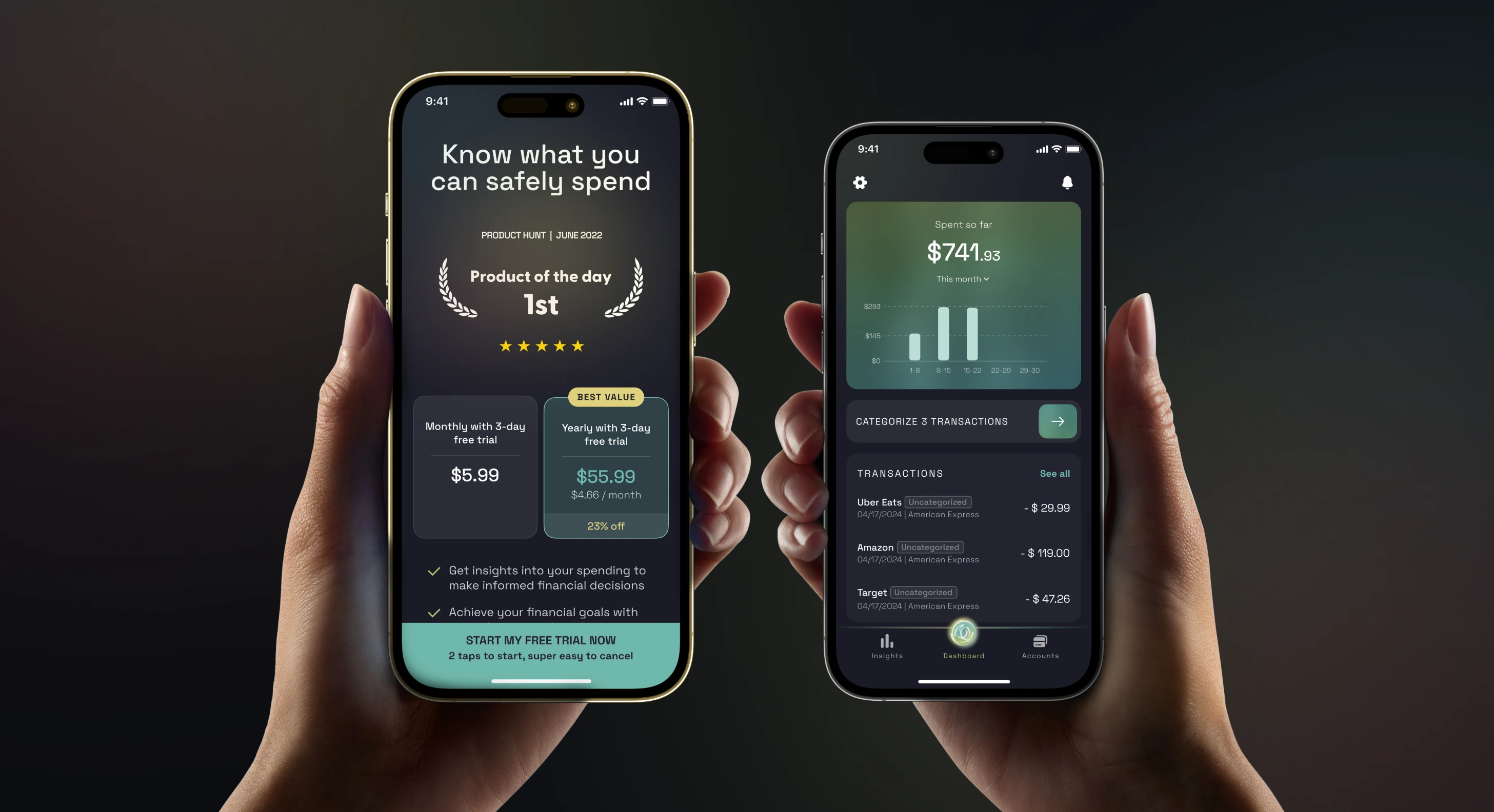 Two Cashews screens held up side by side: the paywall with its Product Hunt award and two plans, and the dashboard with the month's spending and recent transactions