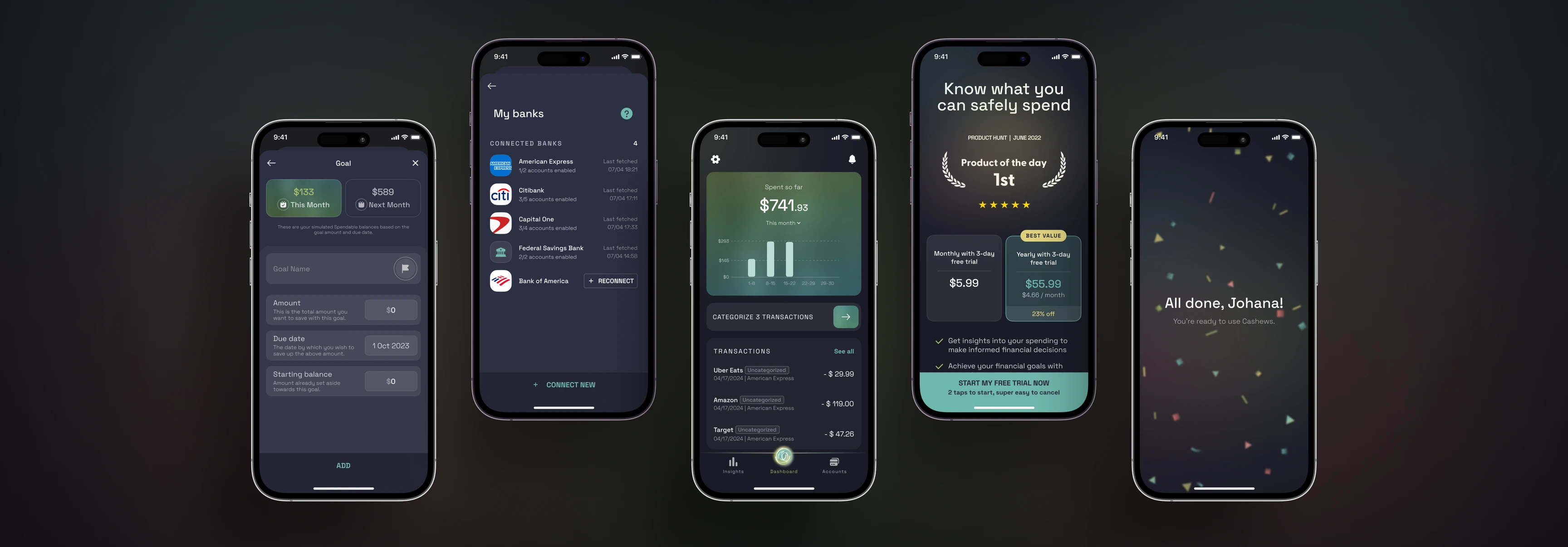 Five Cashews screens in a row: a savings goal form, a list of connected banks, the spending dashboard, the paywall, and a confirmation screen