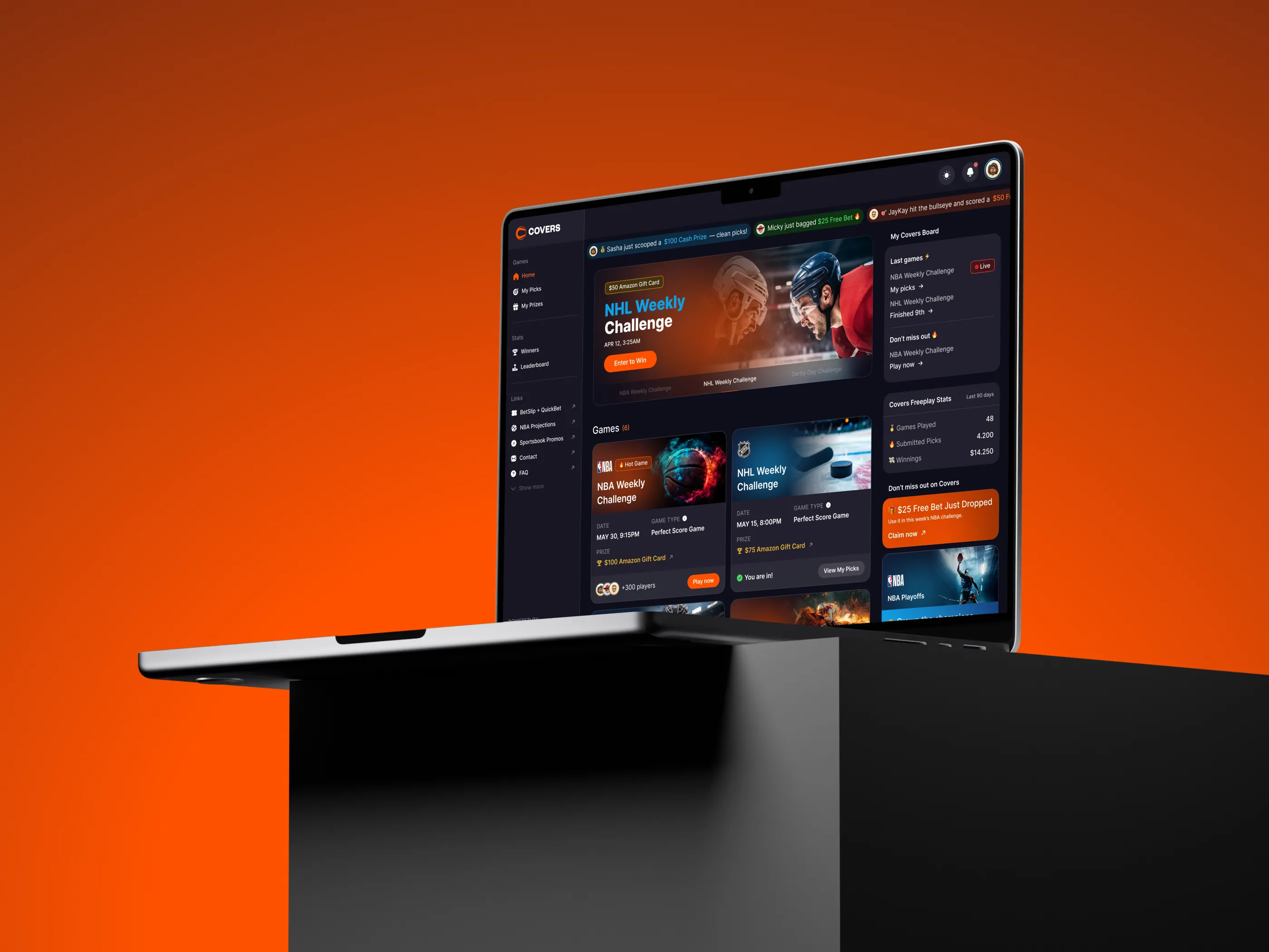 A Chalkline freeplay games board running under the Covers brand on a laptop: an NHL weekly challenge banner, a row of game cards with their prizes and closing dates, and one player's picks and winnings down the right