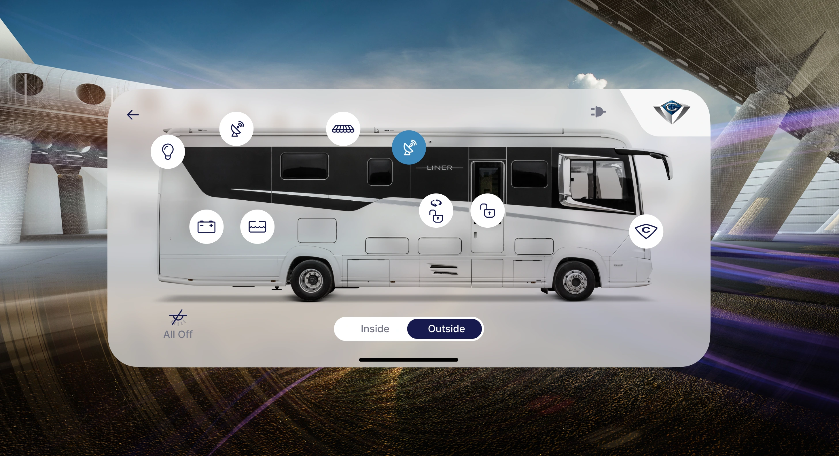 The Concorde app's exterior control screen, with icons for the awning, satellite dish, battery and door locks placed along the side of the motorhome