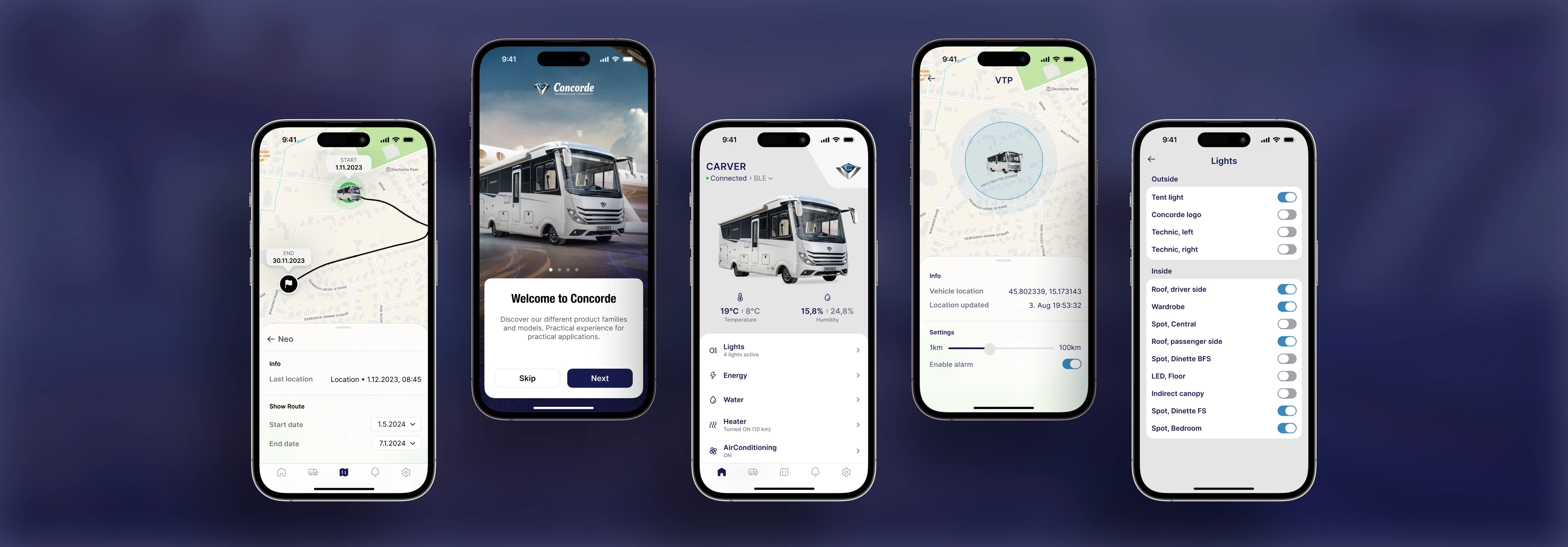 Five iPhones in a row showing the Concorde app: a route map, the welcome screen, the Carver vehicle dashboard, a vehicle location map and the lights controls