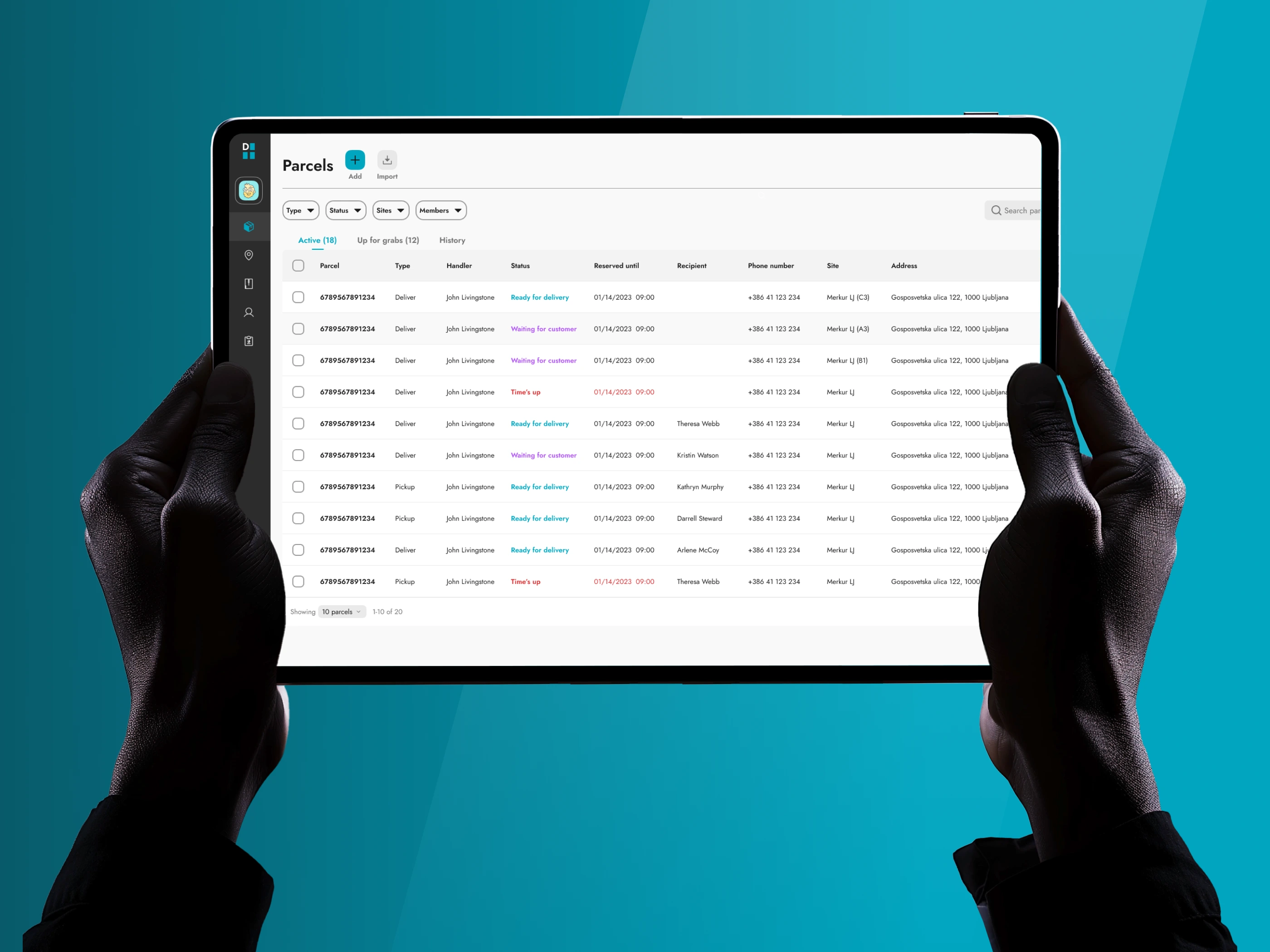The Direct4.me operator dashboard on a tablet held in two hands, showing a parcel table with columns for type, handler, status, reservation time, recipient and site