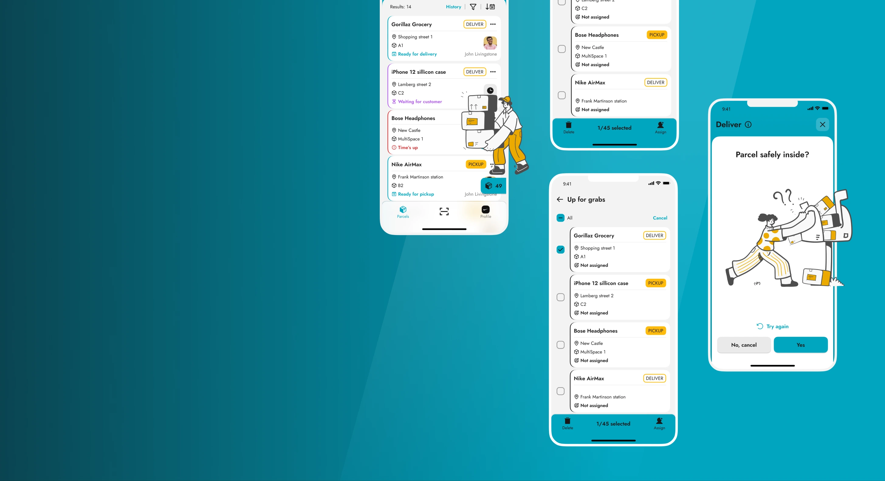 Three Direct4.me app screens with line illustrations of a courier: a parcel list, an up for grabs selection with parcels assigned in bulk, and a parcel safely inside confirmation
