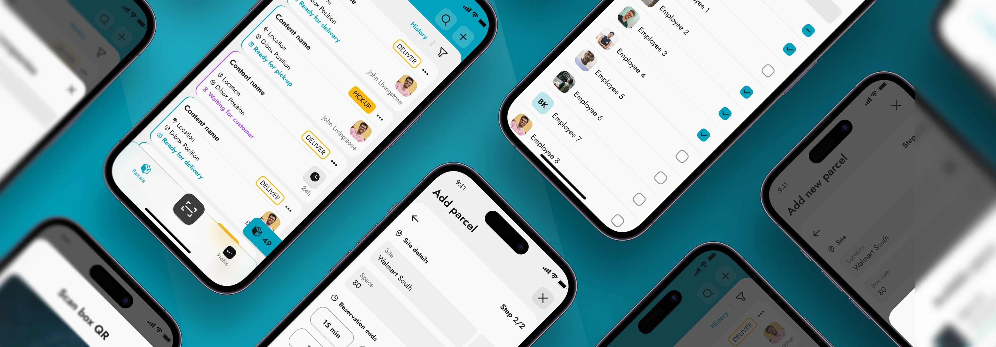 Direct4.me app screens at an angle: a courier's parcel list with delivery and pick-up states, an employee assignment list, and the two-step add parcel flow