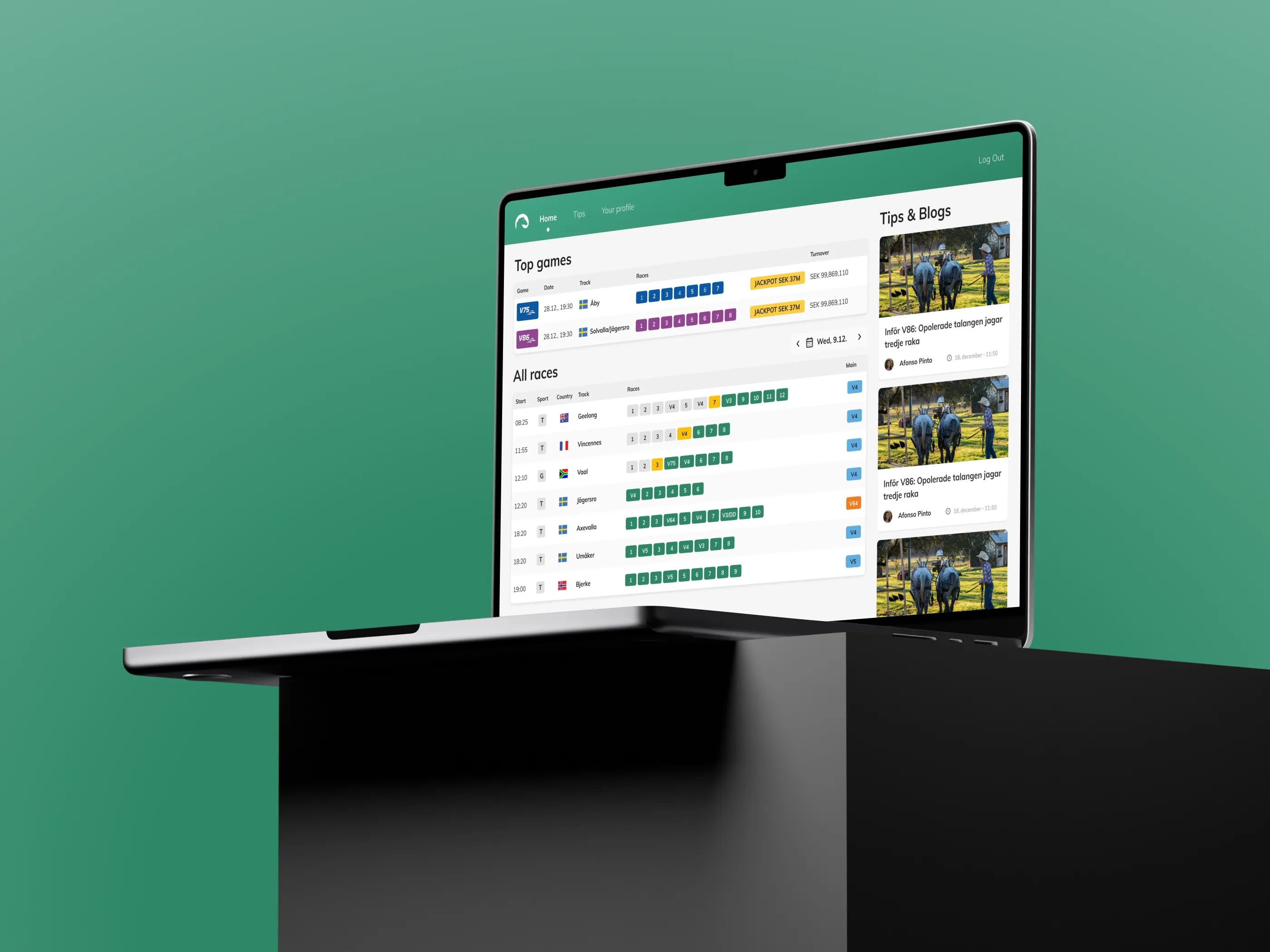 The Estable race board on a laptop against a green ground: the top games with their jackpot, a table of the day's races by country and track, and a column of tips and blog posts