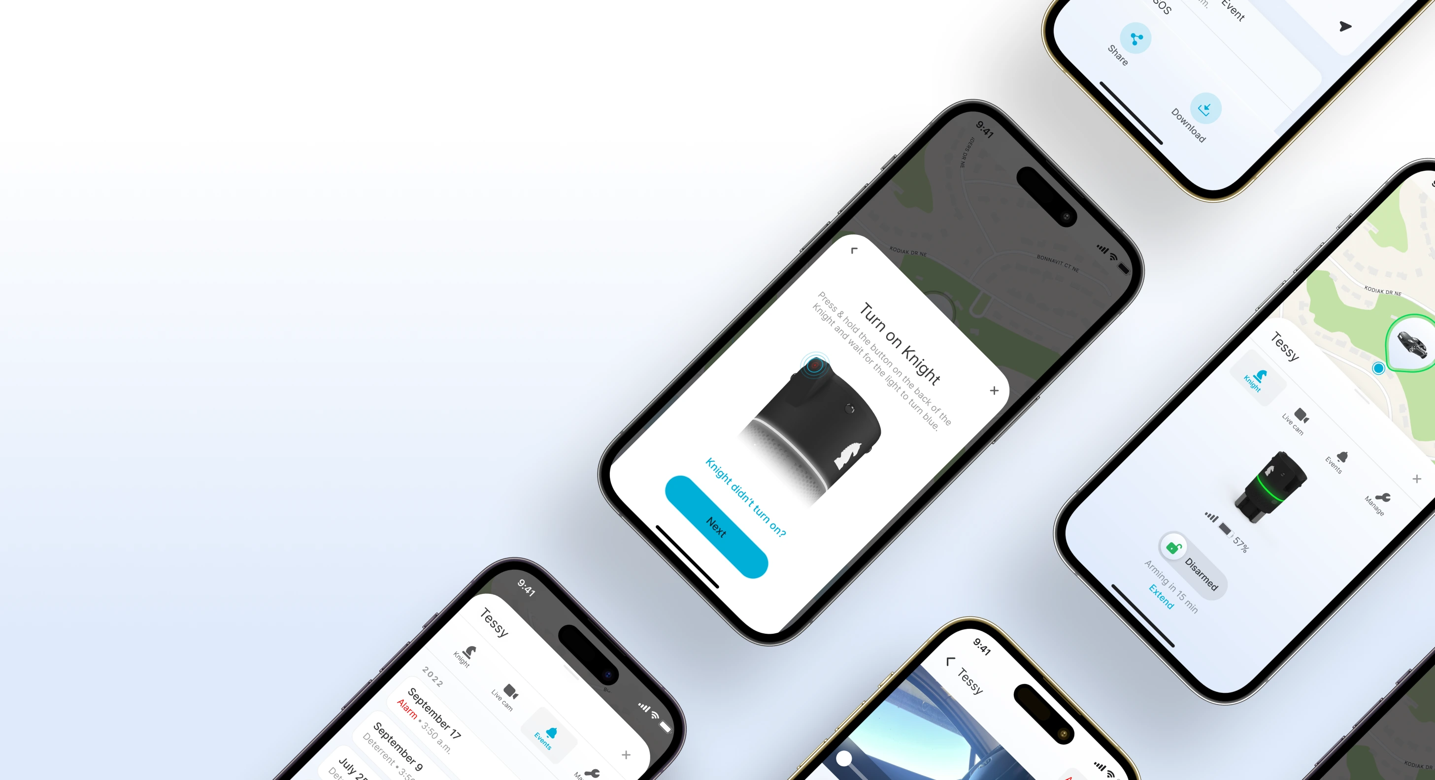 Keep app screens at an angle around the Turn on Knight setup step, with the map, the event log and the device screens beside it