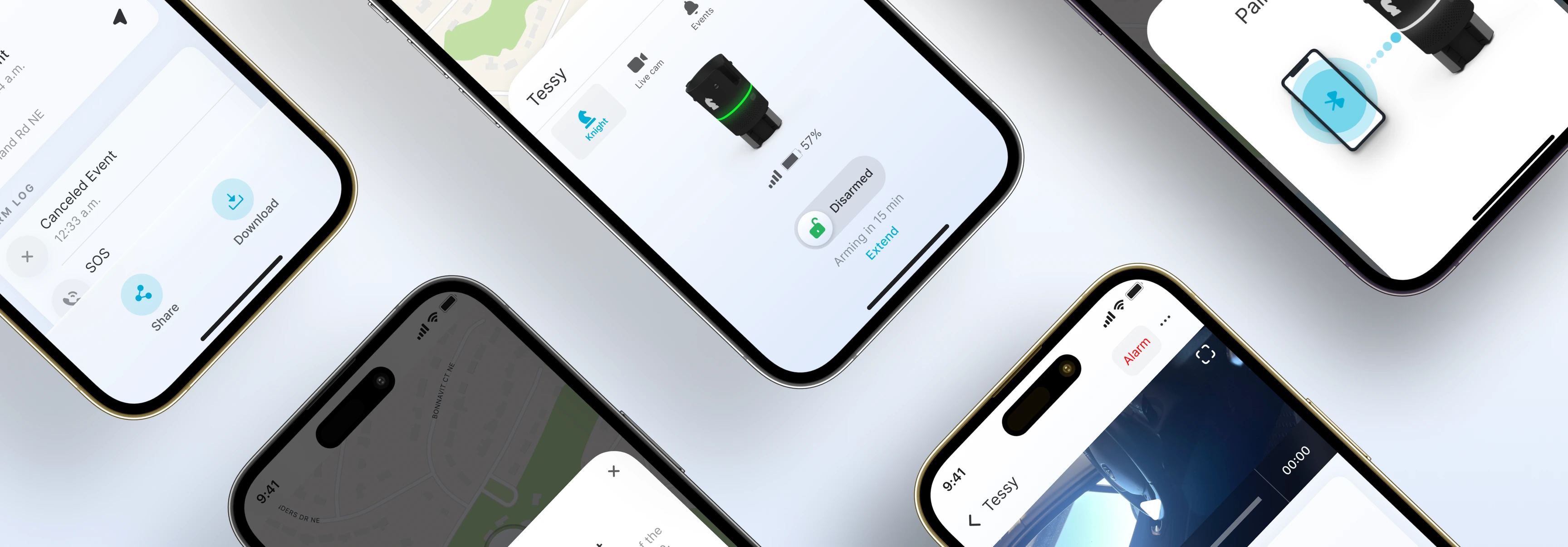 Keep app screens at an angle: an alarm log, the Knight device showing a disarmed state, a pairing screen and a live camera view