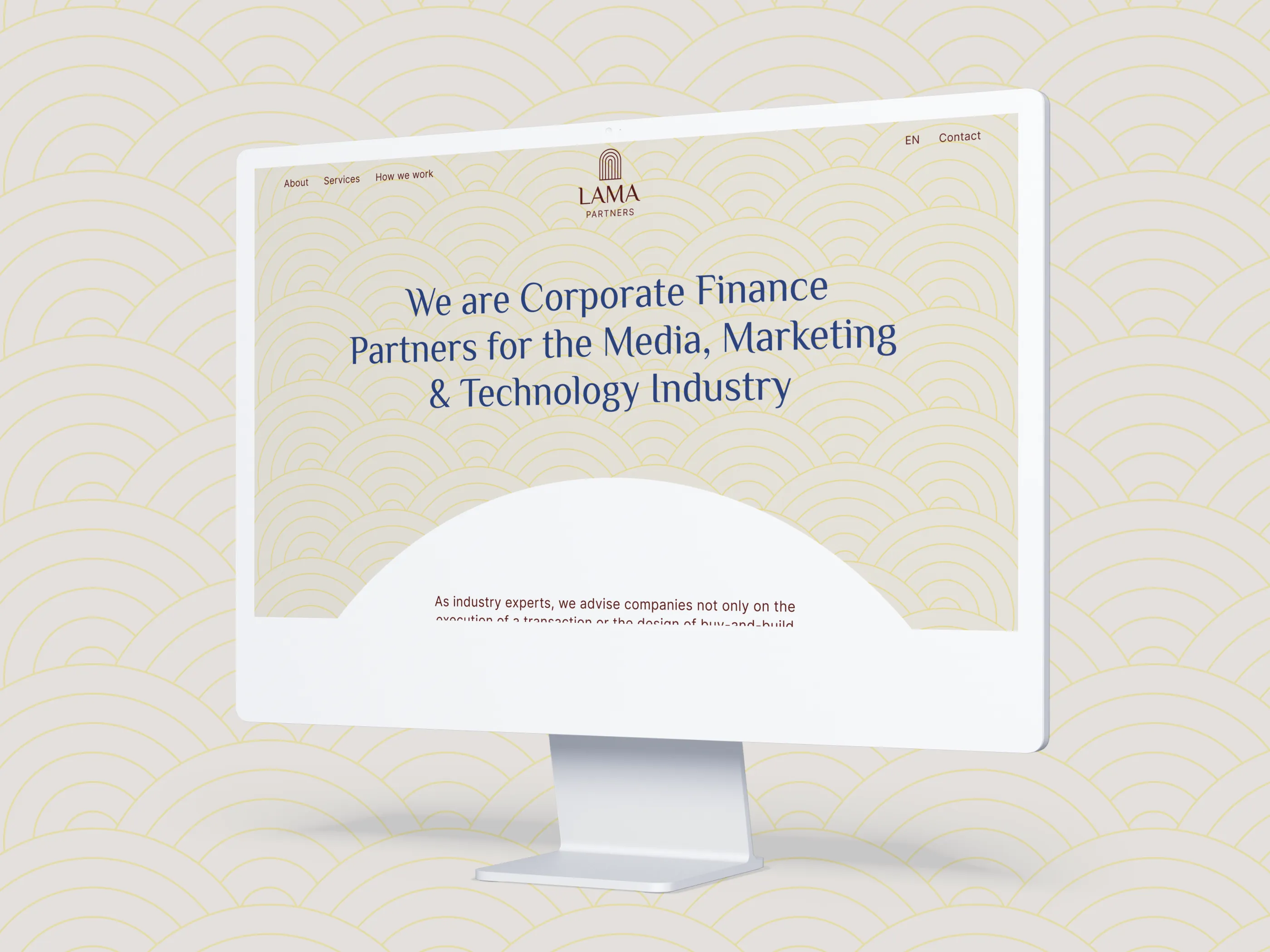The Lama partners site on a desktop screen against a cream ground of overlapping arches, the same arch motif carried behind the home page headline and into the mark above it
