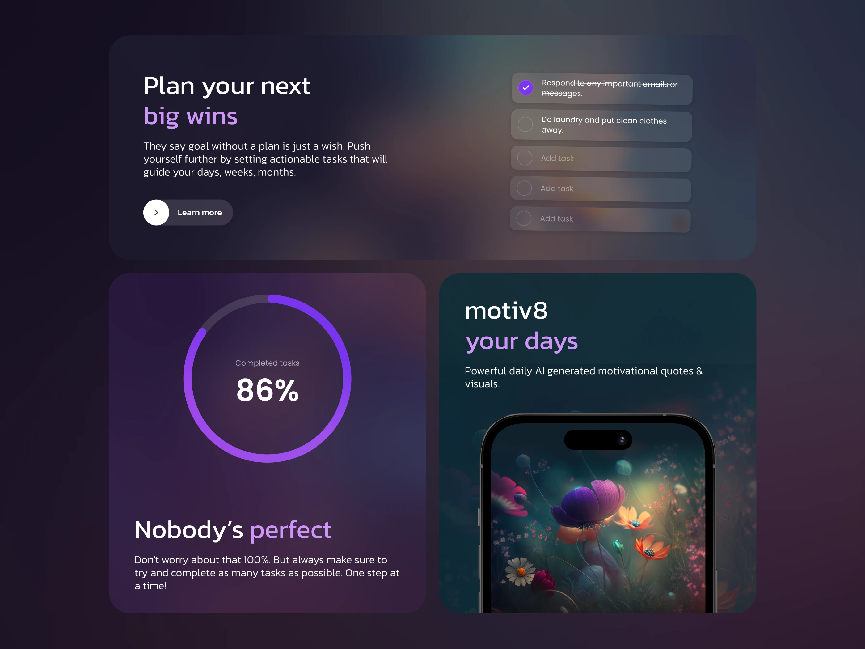 Lansia marketing panels: a task list under the plan your next big wins headline, a completed-tasks ring at 86 percent, and the motiv8 daily quote feature