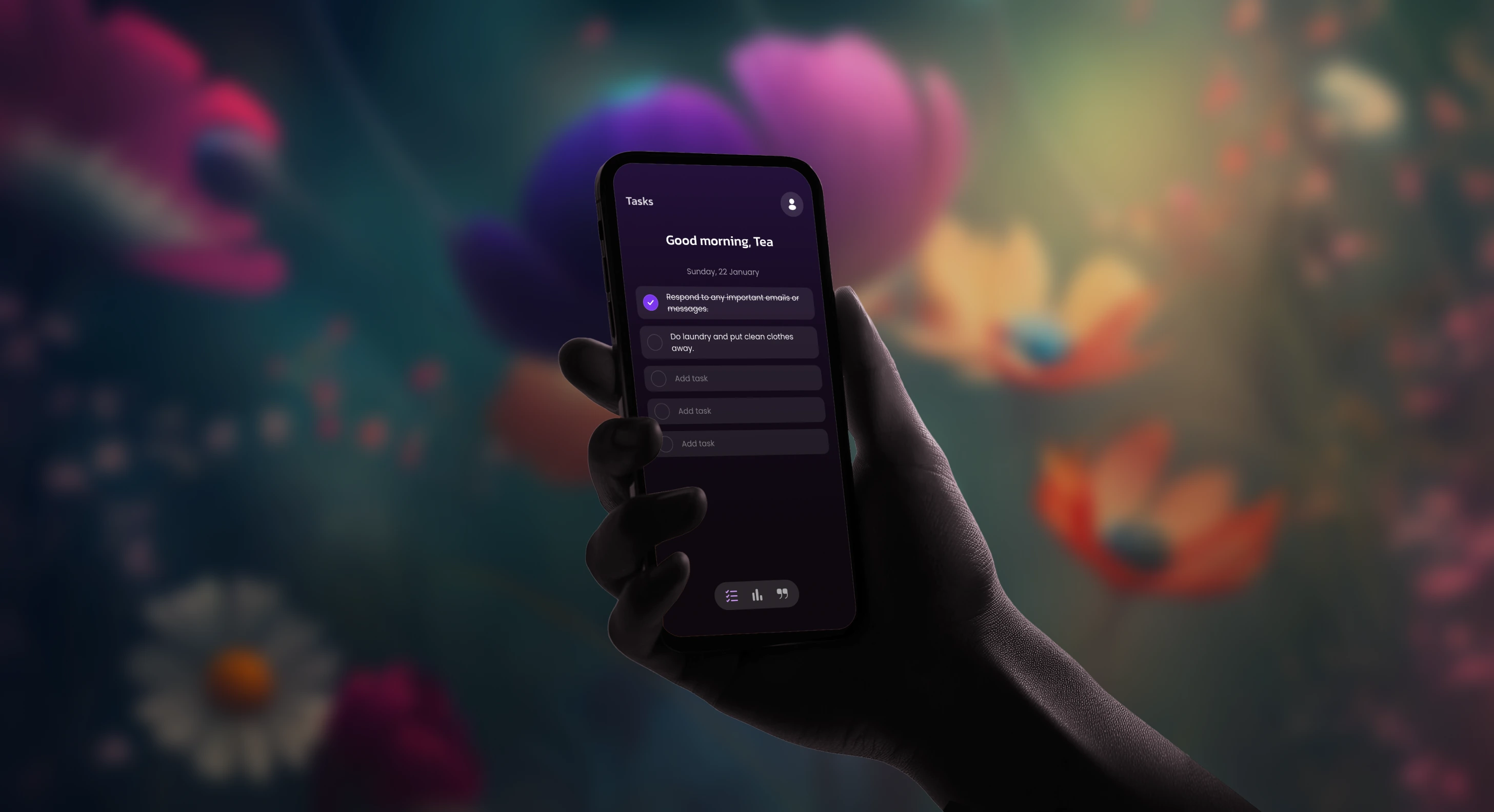 The Lansia task list held in one hand against a blurred flower image, showing a morning greeting and two tasks