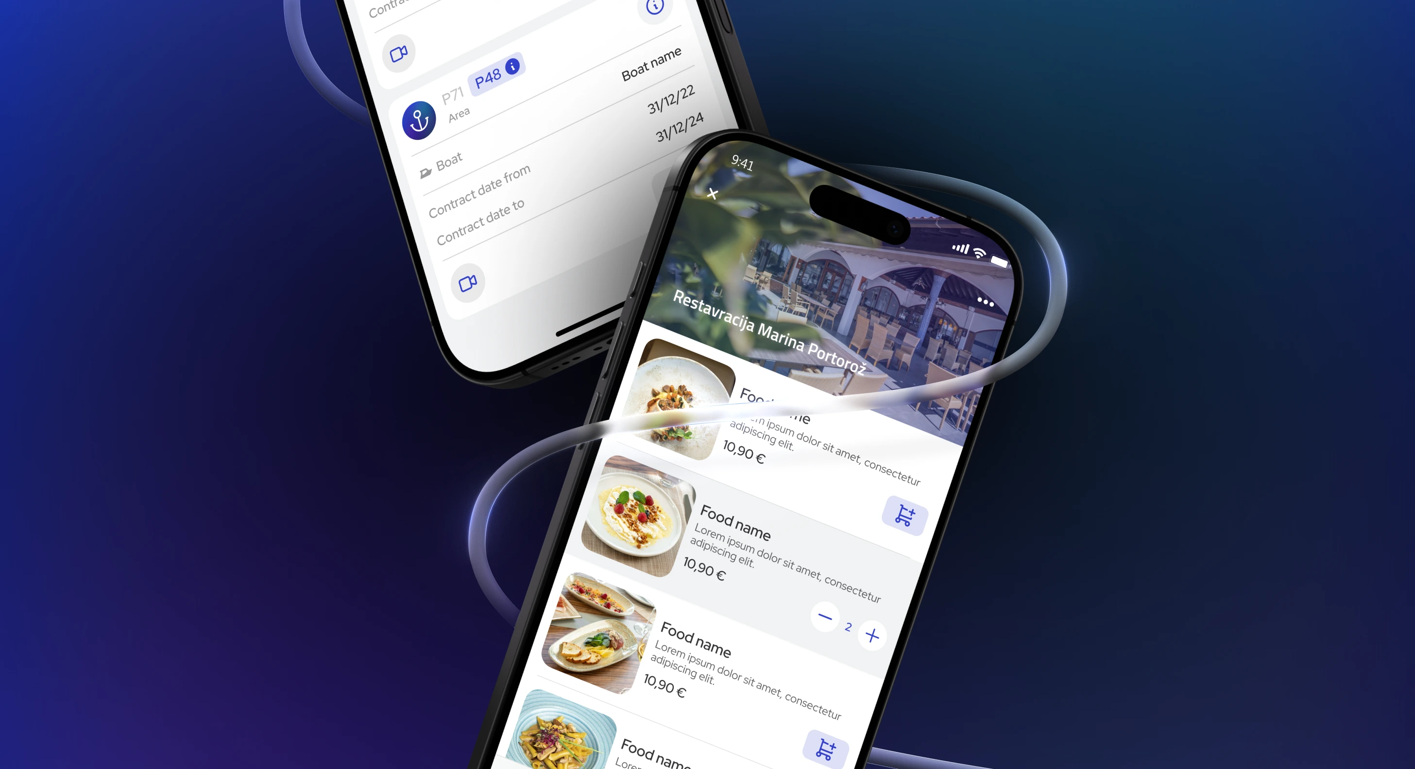 Two myMarina screens: a berth contract detail, and the Marina Portoroz restaurant menu with dishes and prices