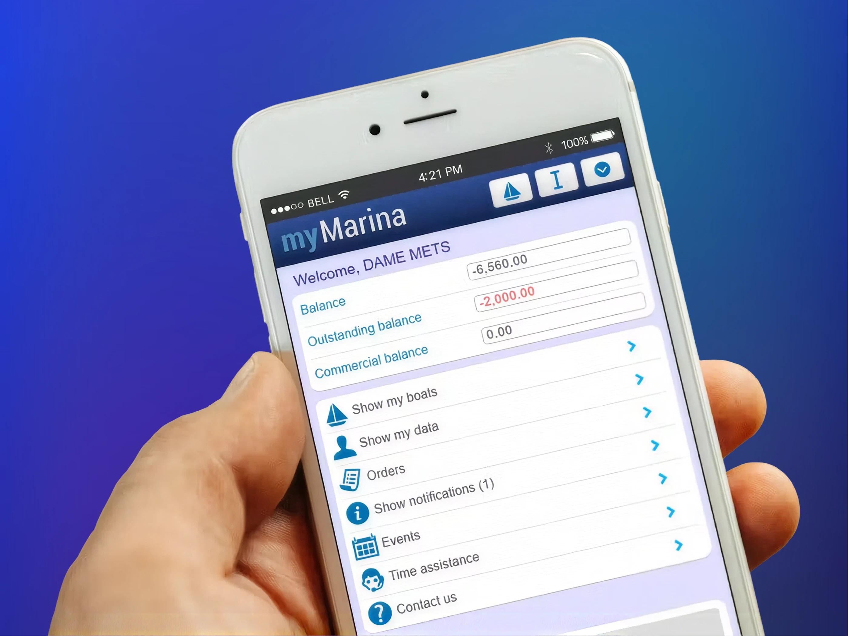The 2017 myMarina app on a white iPhone, showing an account balance above a column of blue links: show my boats, show my data, orders, notifications, events and contact us