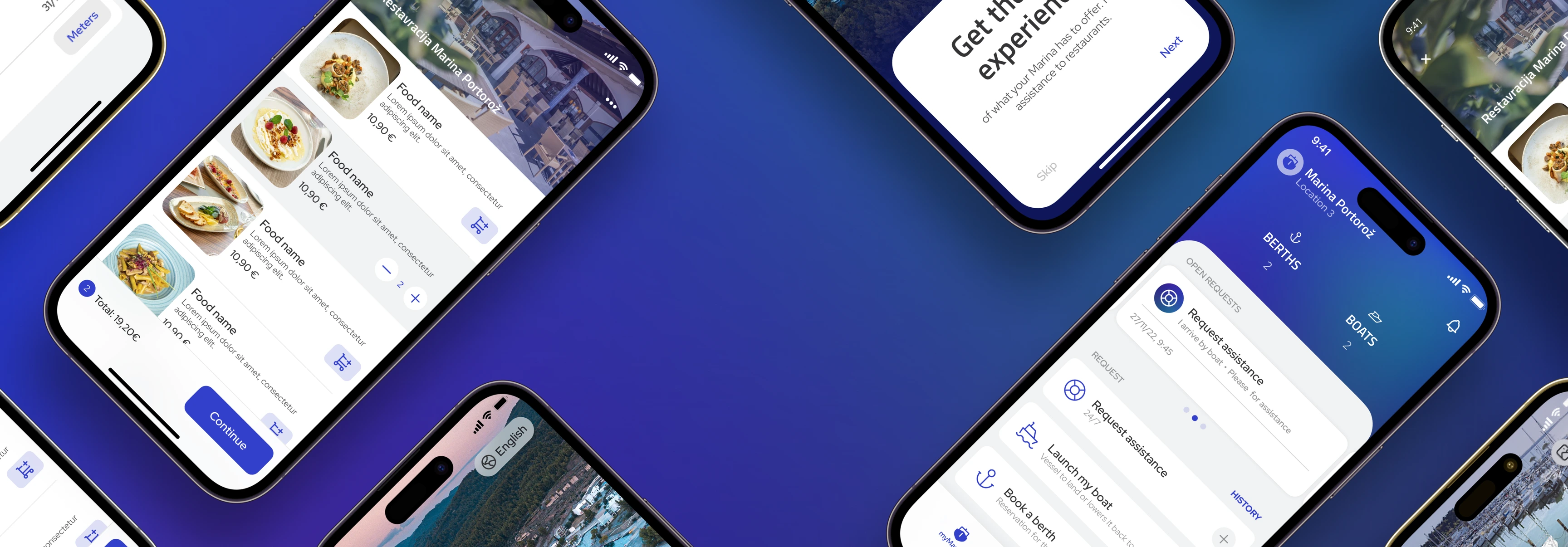 myMarina app screens at an angle: a restaurant menu with an order in progress, an onboarding screen, and the Marina Portoroz home screen showing berths, boats and open requests