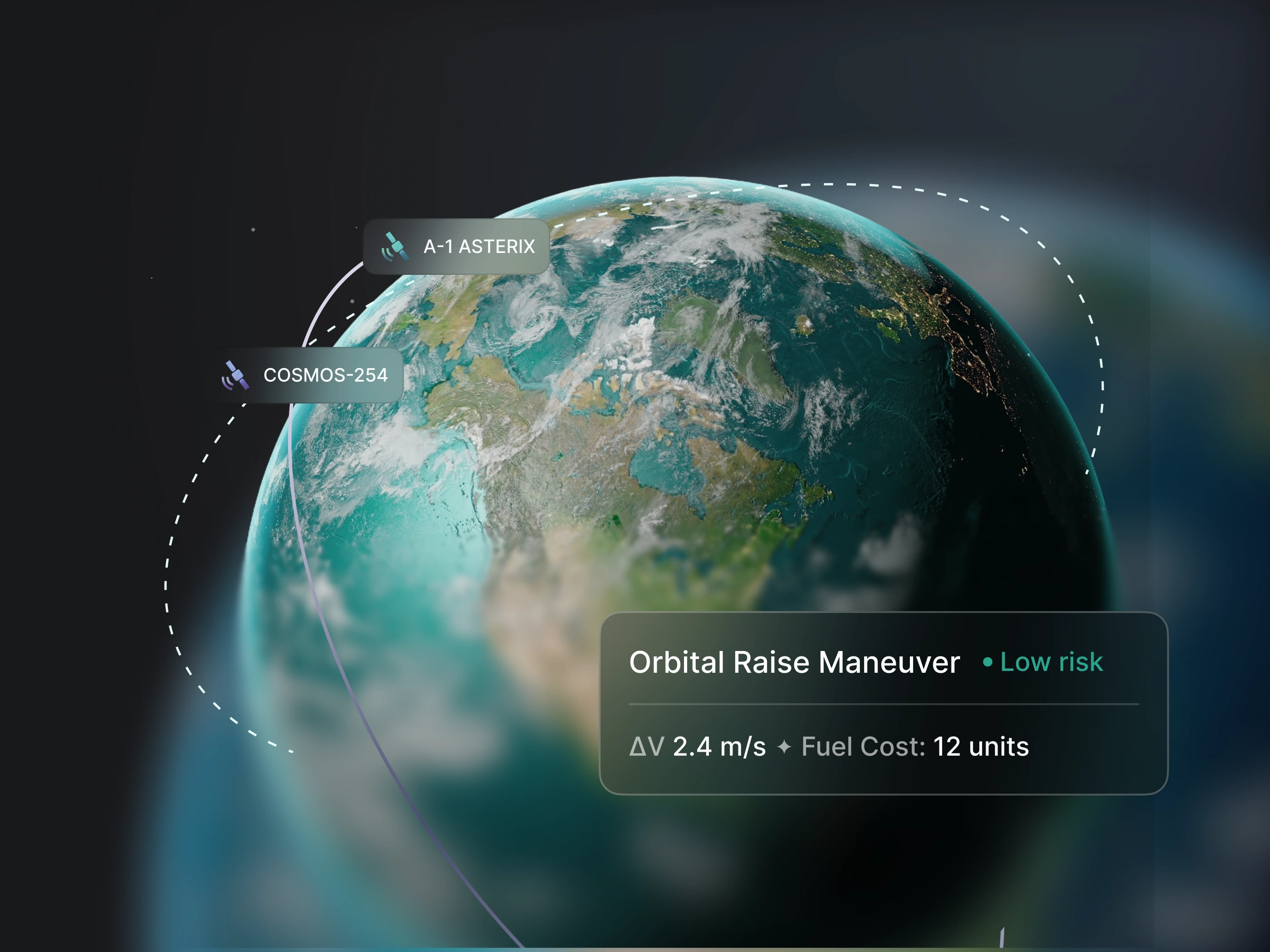 The Space Guardian 3D Earth view, with the A-1 Asterix and Cosmos-254 satellites labelled on their orbits and an orbital raise manoeuvre card below