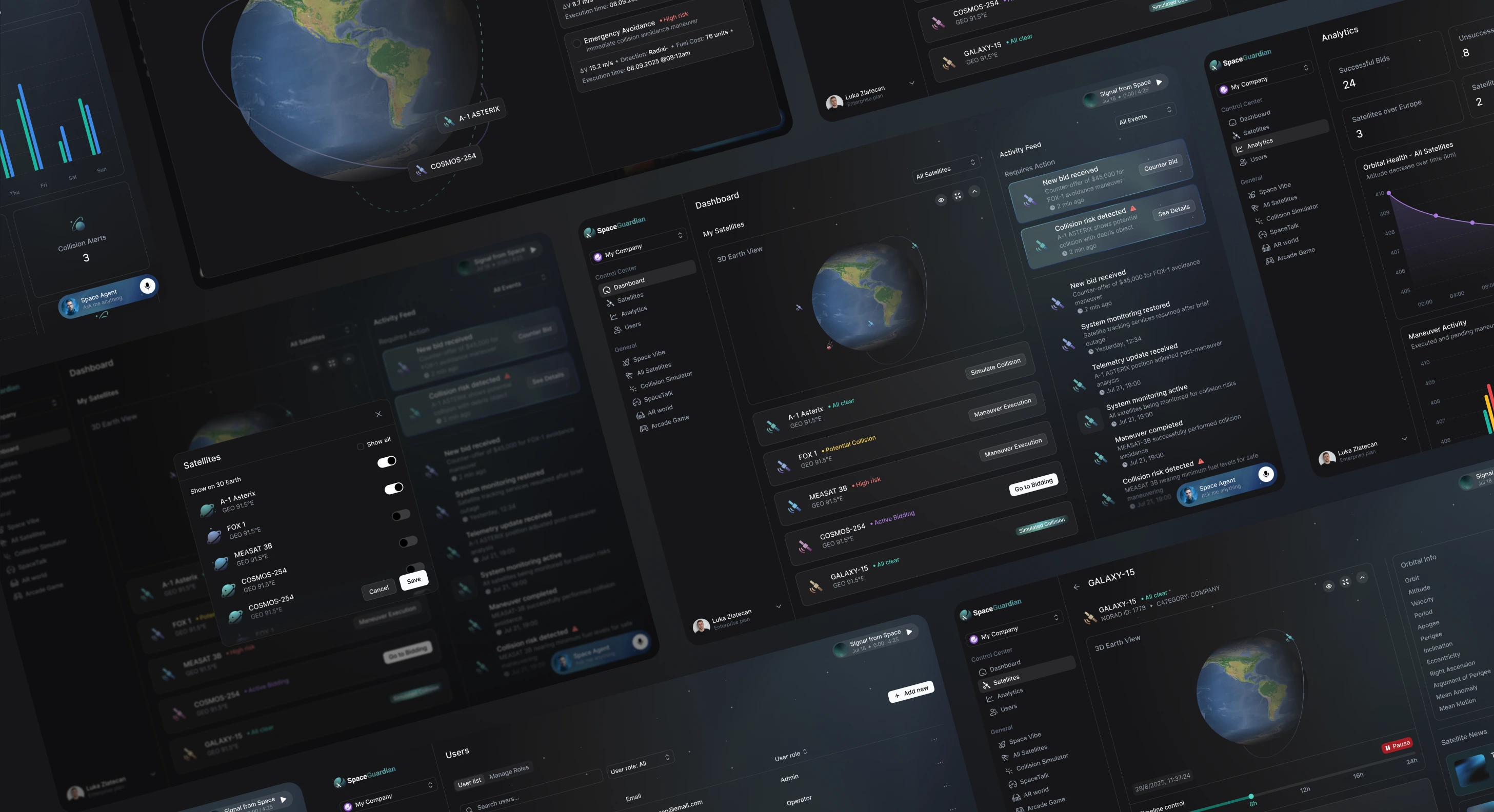 Space Guardian screens laid out at an angle: the dashboard, the satellite visibility settings, the analytics view and the user list