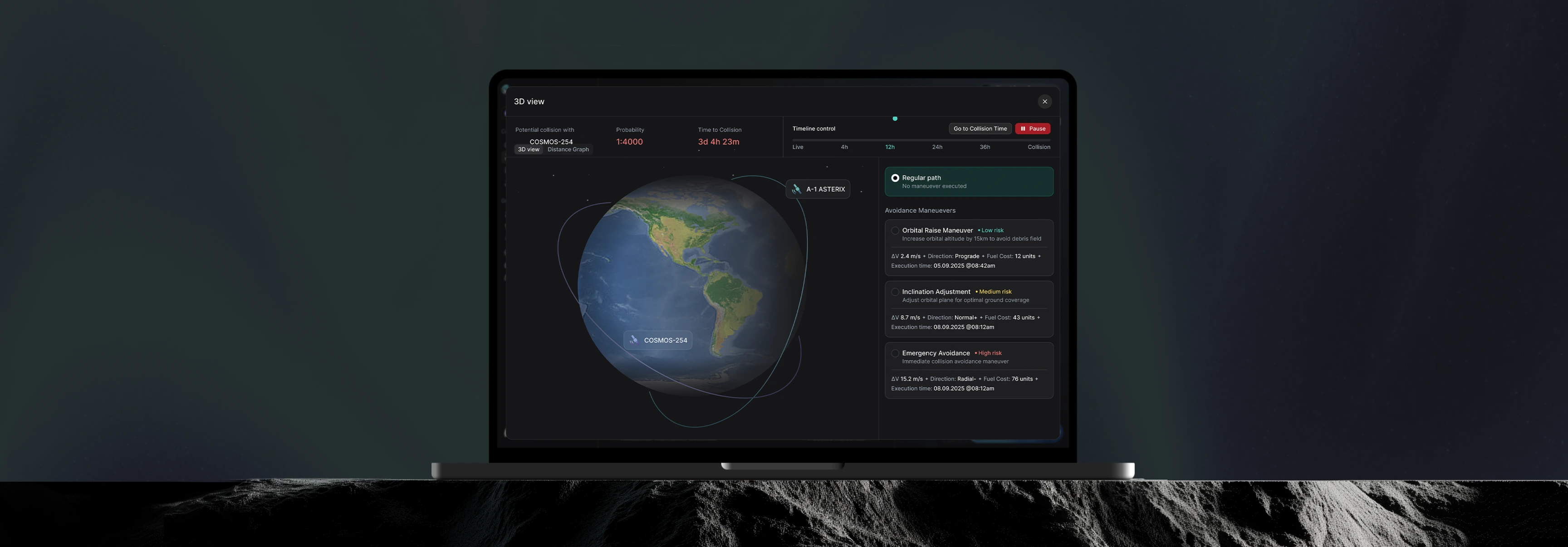 The Space Guardian 3D view on a laptop, showing a satellite's orbit around Earth beside three avoidance manoeuvre options