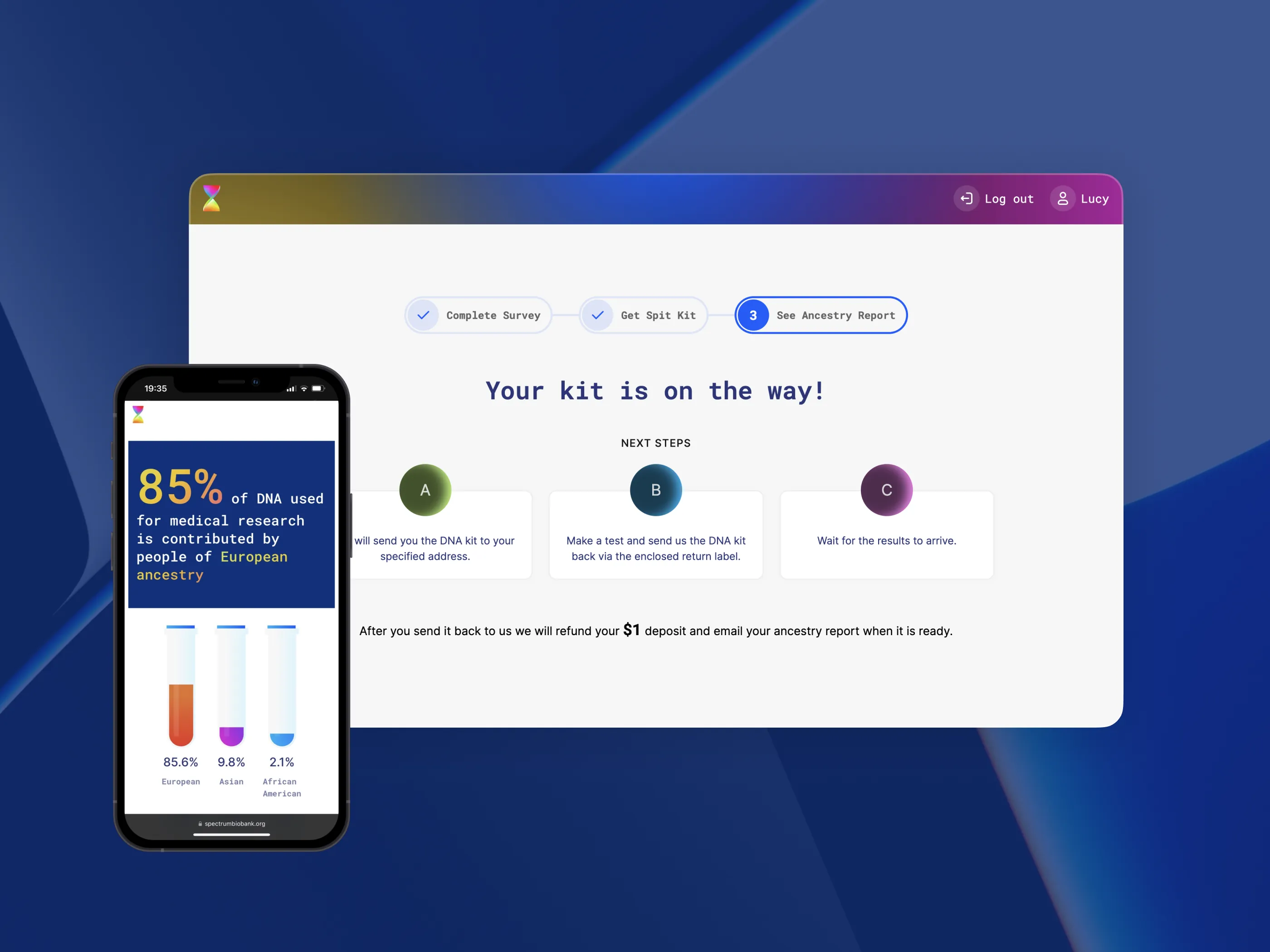 Spectrum Biobank on a tablet and a phone against a blue ground: a three step sign-up confirming a DNA kit is on its way, and beside it the share of DNA in medical research that comes from people of European ancestry, broken down underneath