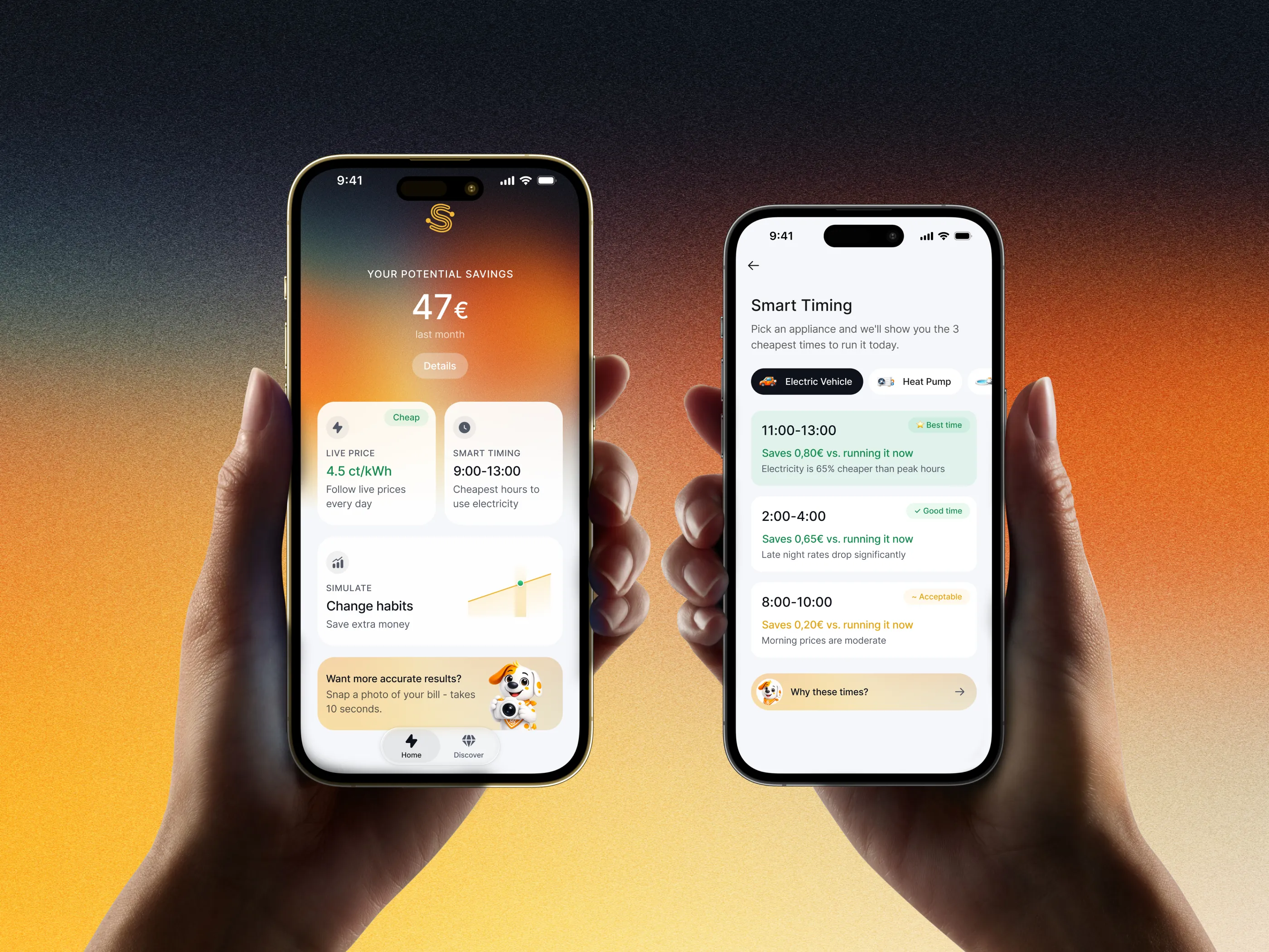 Two Spotty screens held up against an orange ground: potential savings of 47 euros last month above the live price per kilowatt hour, and a smart timing list of the three cheapest hours to charge an electric vehicle